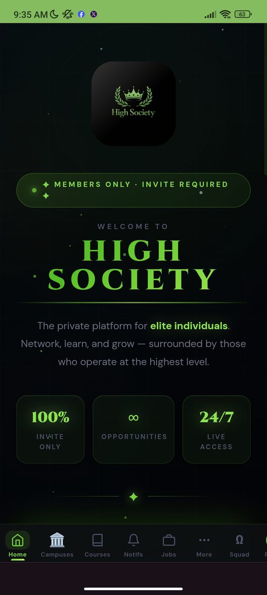 High Society app home screen